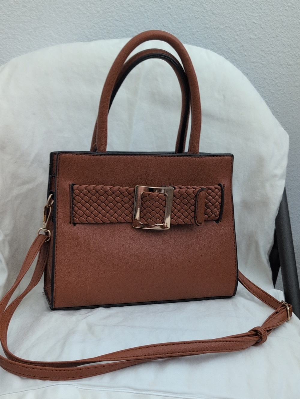 Classic Brown Top-Handle Tote with Woven Belt Detail